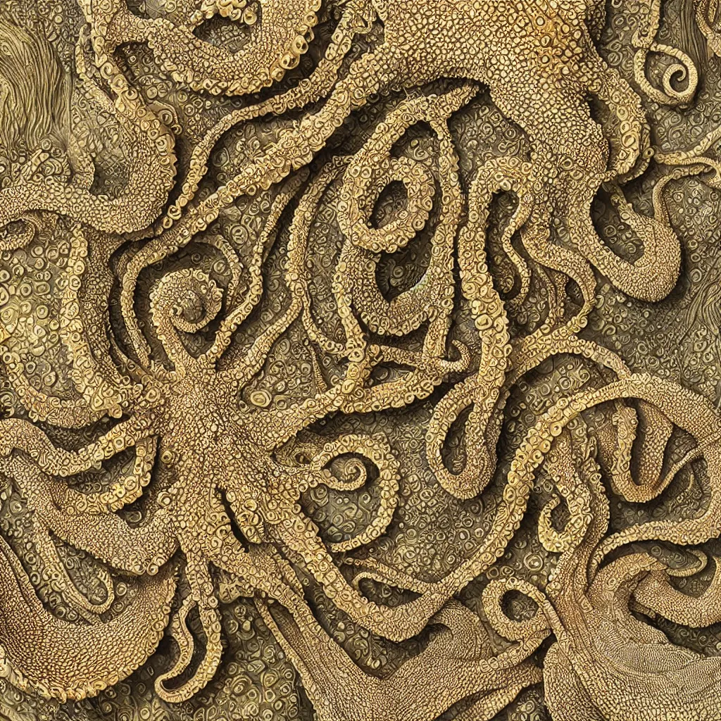 Image similar to complexoctopus skin by ernst haeckel, closeup, fractal engravings, sea horse, realistic cinema 4 d render, beach sand background, clear focus, very coherent, very detailed