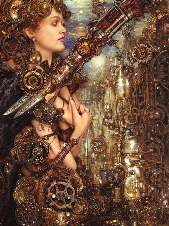 Image similar to a steampunk rose sword piercing a human heart who embellished gears wheels and gemstones,in the rain,by William Holman Hunt,Greg Rutkowski,Stanely Artgerm,peter gric,aaron horkey,trending on pinterest,luxury,mythological,ultra realistic,high detail,concept art,golden ratio,cinematic lighting,maximalist