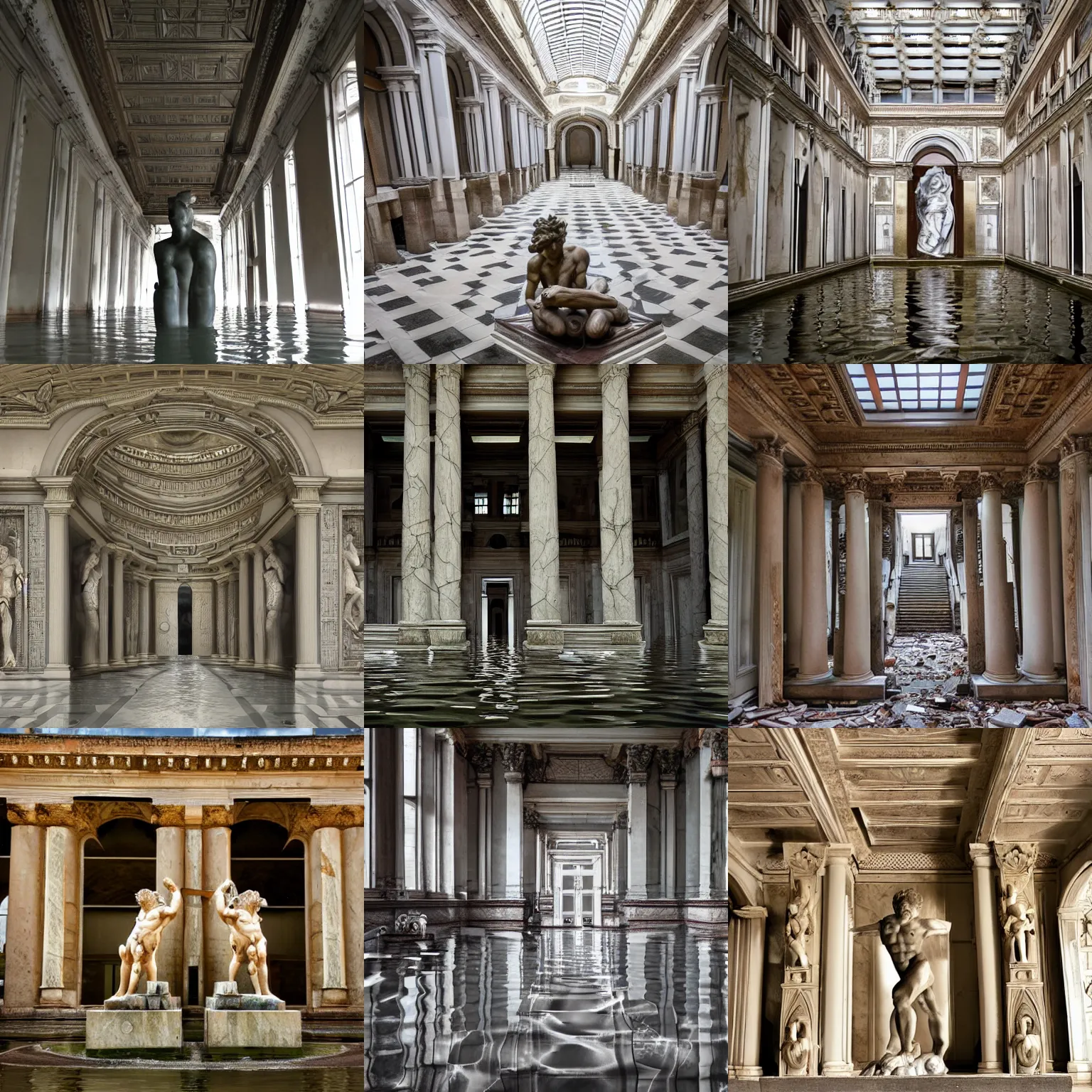 Prompt: photo piranessi symmetry of flooded vast infinite classic halls and beautiful human statues with many huge marble staircases minotaur gods helenistic classic statues sculptures decrepit derelict abandoned - t