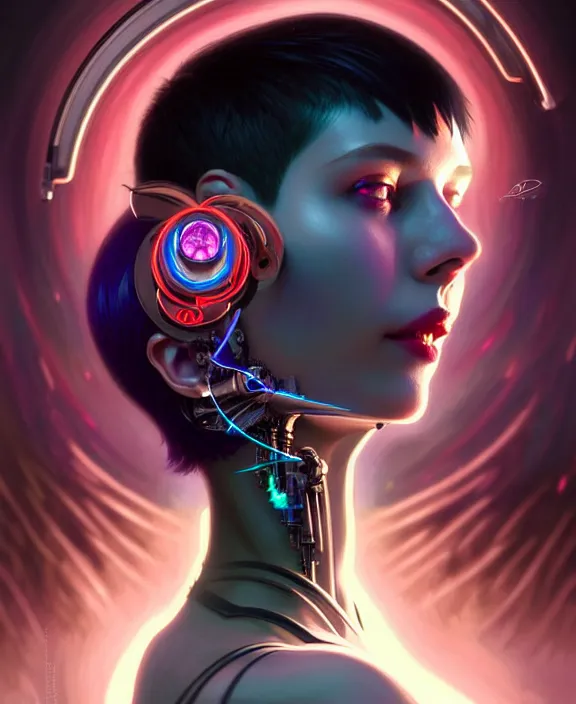 Image similar to a whirlwind of souls rushing inside the metaverse, half body, jewelry, fashionable short haircut, headset, android, cyborg, cyberpunk face, by loish, d & d, fantasy, intricate, elegant, highly detailed, colorful, vivid color, digital painting, artstation, concept art, art by artgerm and greg rutkowski and alphonse mucha