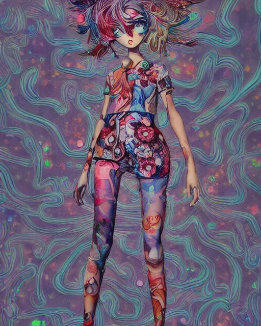 Image similar to james jean isolated deepdream vinyl figure harajuku style boy girl character design, figure photography, dynamic pose, holographic undertones, glitter accents on figure, anime stylized, accurate fictional proportions, high delicate defined details, ethereal lighting