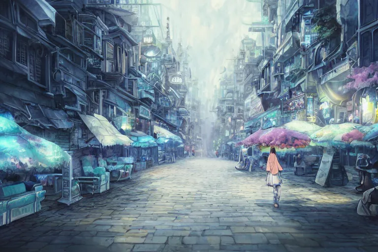 Prompt: dynamic composition, motion, ultra - detailed, incredibly detailed, a lot of details, amazing fine details and brush strokes, colorful and grayish palette, smooth, hd semirealistic anime cg concept art digital painting, watercolor oil painting of scenes without people, in asian city in style of cytus and deemo, blue flame, relaxing, calm and mysterious vibes