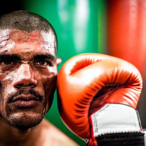 Image similar to close up portrait of boxer after boxing with brews blood sweating, photography photojournalism, very grainy image 120mm lens close up portrait