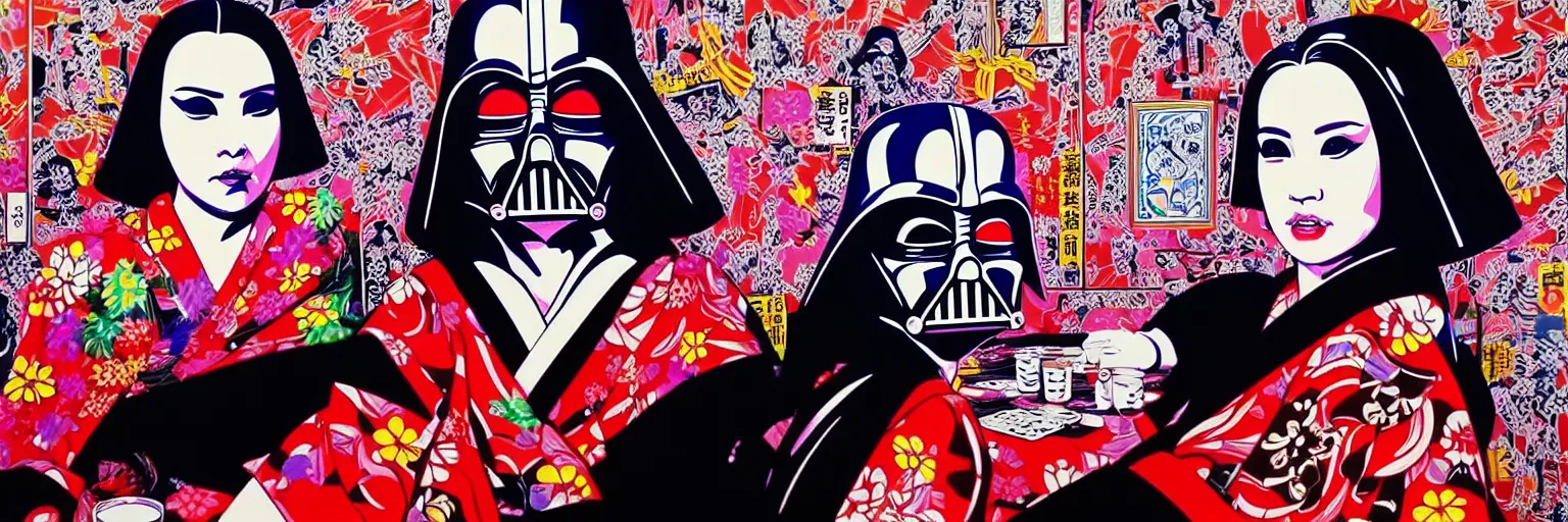 Image similar to hyperrealism composition of the detailed woman in a japanese kimono sitting at an extremely detailed poker table with darth vader, terminator, fireworks on the background, pop - art style, jacky tsai style, andy warhol style, acrylic on canvas