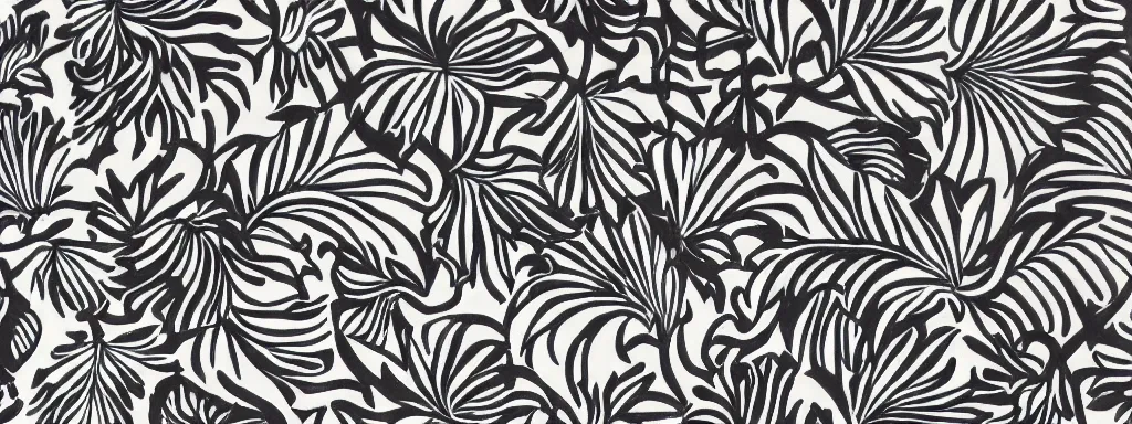 Prompt: Elaborate floral print of exotic plants in the style of Matisse, high contrast finely carved woodcut black and white crisp edges