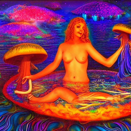 Prompt: goddess of mushrooms bathing in the glowing lake, fantasy painting, extremely psychedelic