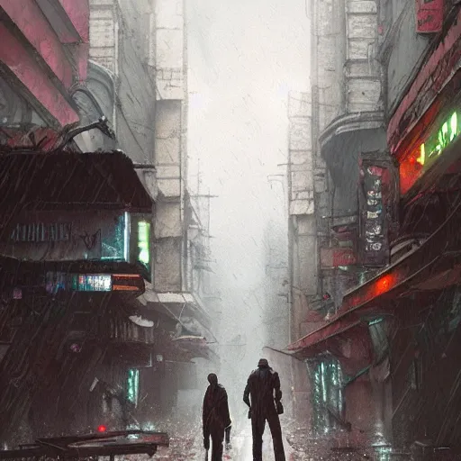 Image similar to a man standing in a cyberpunk street the men's casual walking the background is the cyberpunk city and it's raining by greg rutkowski