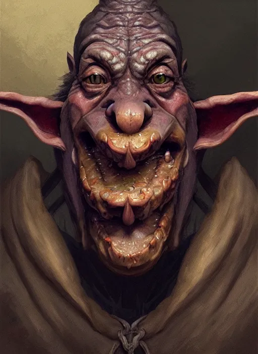 Image similar to profile face portrait of a medieval goblin eating cakes in the cloisters, beautiful face, hyper realistic, highly detailed, digital painting, artstation, illustration, concept art by hyung tae and frank frazetta, digital paint, matte paint, washed colors, dark, gloomy