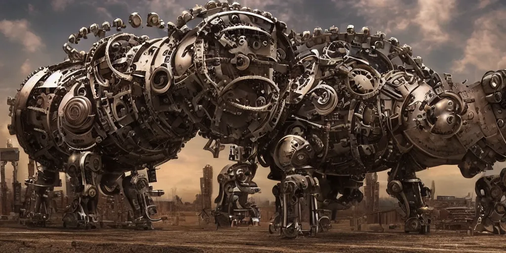 Prompt: a photo of a giant mechanical pig with gears and pistons, steam and wires, robot pig the size of a small building, in the style of a blockbuster film