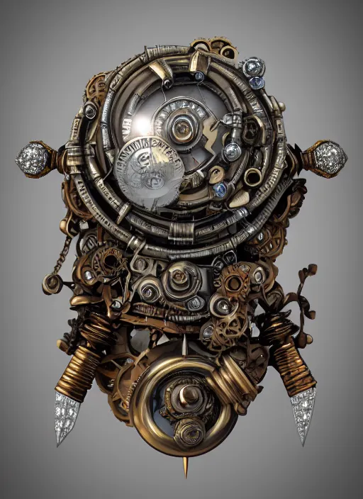 Image similar to amazing steampunk amulet with diamond jewel and small steam tubes, volumetric lightning, octane render, realistic impressive steam, extremely high detailed, trending on artstation