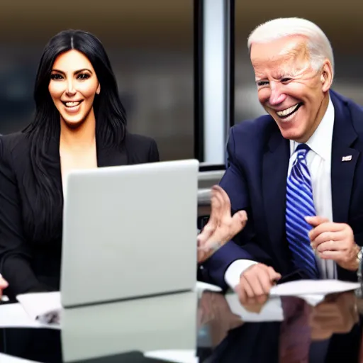 Prompt: stock photo of kim kardashian, and joe biden wearing suits and ties laughing in an office building, 8k resolution, full HD, cinematic lighting, award winning, anatomically correct