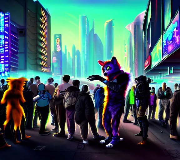 Image similar to high - resolution photograph from a cyberpunk era furry fandom convention ( midwest furfest 2 0 4 7 ), taking place after the genetic revolution and singularity. photorealistic.