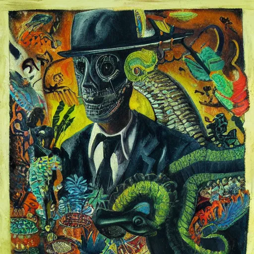Image similar to high quality, high detail painting, dutch masterpiece, fluxus, blu, film noir, william s burroughs, high garden scene with quetzalcoatl at night, hd, muted lighting