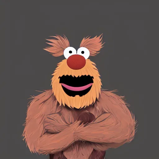 Image similar to a still of a forgotten muppet character looking very manly and modern, hilarious, laughing, hairy chest, huge chin, manly monster tough guy, roughled fur, photo real, photographic, photograph, artstation, trending, featured