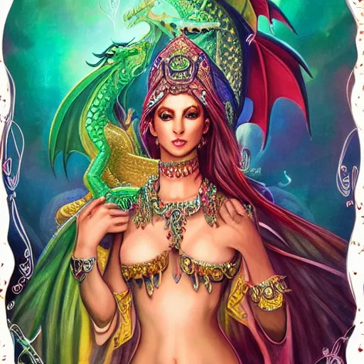 Image similar to photo of a cute female bellydancer dragon with 6 arms, anthropomorphic dragon, sharp focus, illustration, ultra real, masterpiece, glowing holy aura by magali villeneuve and magali villeneuve