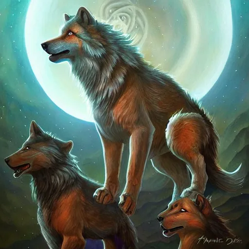 Image similar to enlightened pack of spirit wolves MICHAEL DIVINE and by AMANDA SAGE , trending on artstation