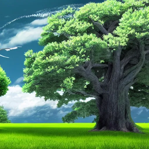 Prompt: three white whales flying near giant tree in the green field, realistic, HD,