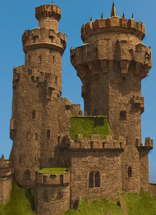 Image similar to a stylized medieval castle with towers, gate, and rockwalls. highly detailed, unreal engine. daylight. trending on artstation.