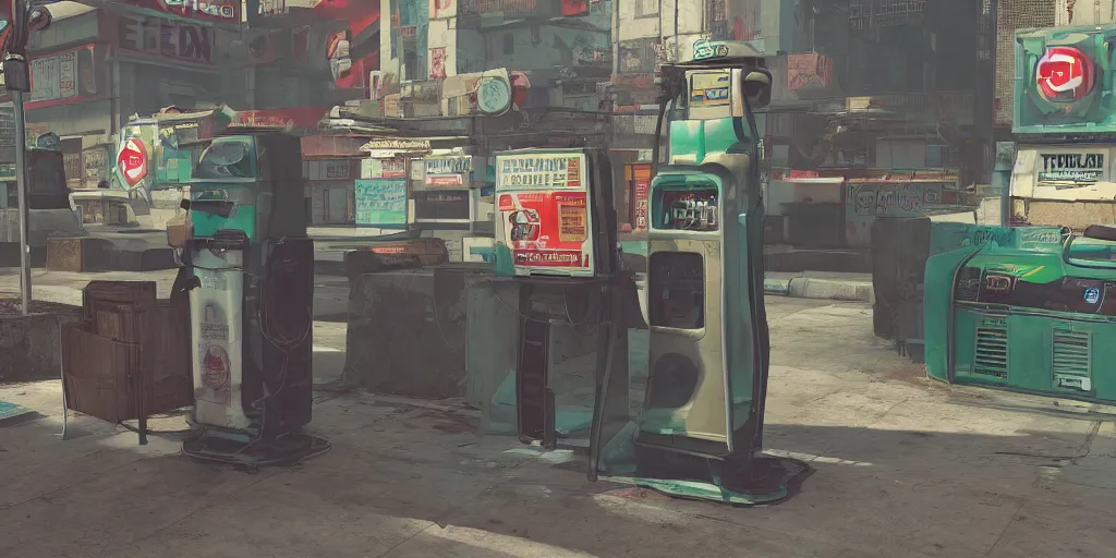 Image similar to Fallout-style robotic buying gaterade at 7Eleven | Trending on ArtStation, Fallout | Hyperrealistic CGI Photorealistic Cyberpunk Post Nuclear City