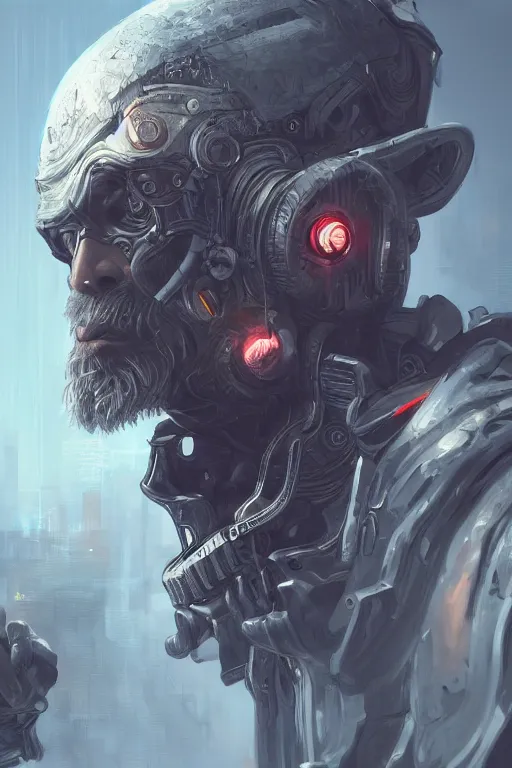 Image similar to ultrarealistic illustration old man cyborg, cyberpunk, sci - fi fantasy, intricate, elegant, highly detailed, digital painting, artstation, concept art