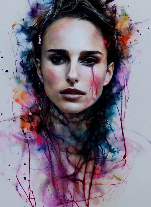 Prompt: nathalie portman by agnes cecile, pastel light colours, ink drips, autumn lights