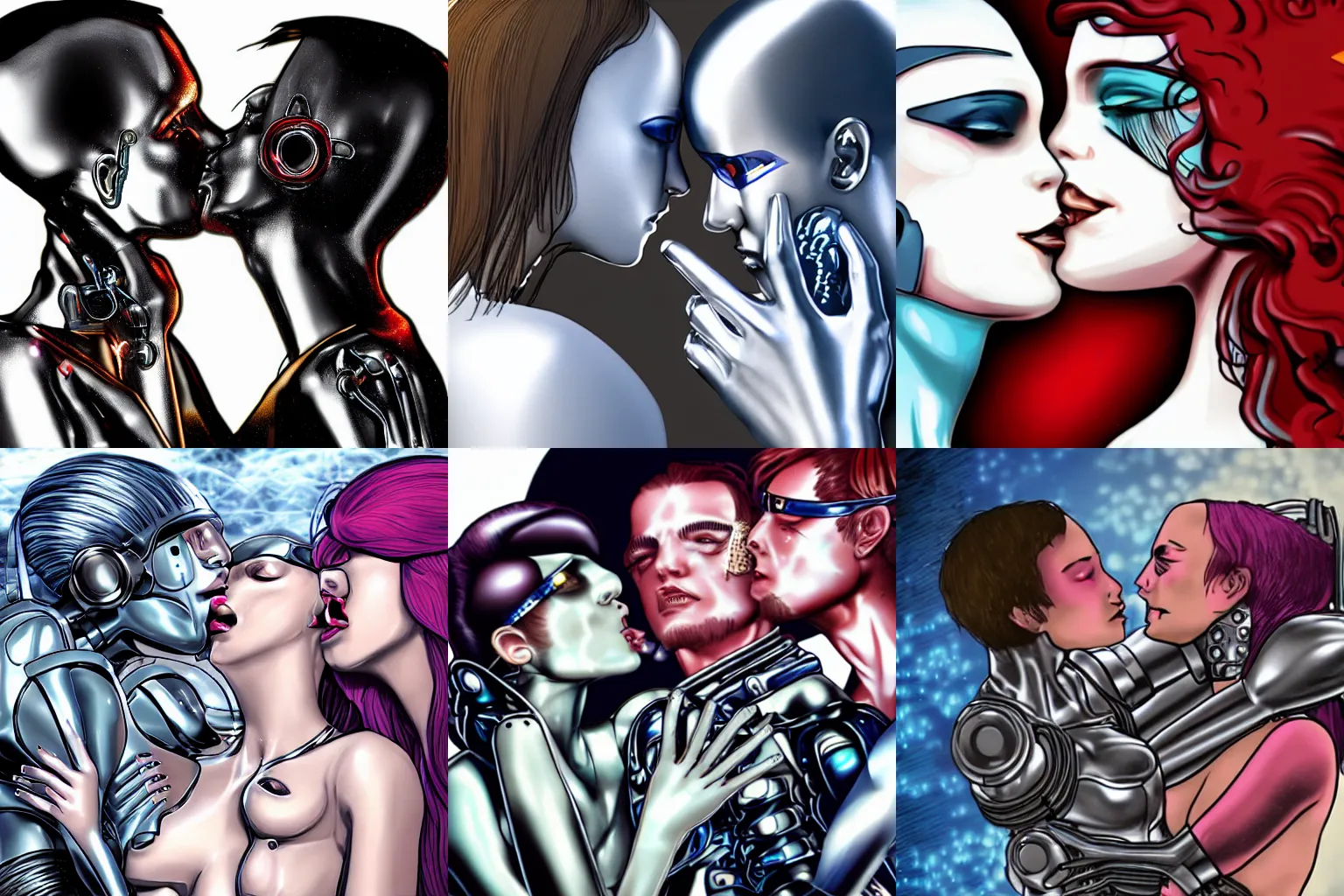 Prompt: polyamorous metallic cyborgs kissing and caressing lovingly