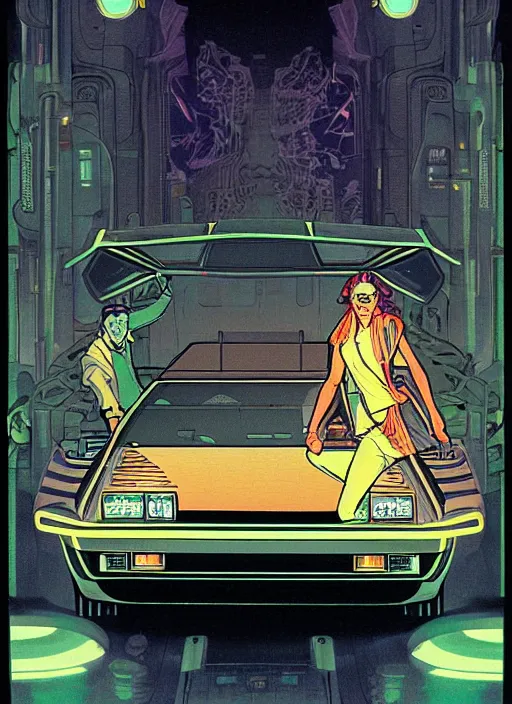 Prompt: portrait of a cyborg boy and a cyborg girl driving a delorean car in the middle of futuristic tokyo at night. diffuse neon light, dramatic landscape, fantasy illustration, matte painting by mucha