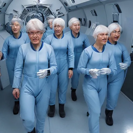 Image similar to troop of grannies with white bob hairdos, tight light blue neopren pilot suits, futuristic cloning facility, sci - fi, highly detailed, cinematic