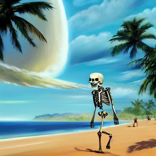 Image similar to Beautiful digital painting portrait of relaxed skeleton walking on the tropical beach with nuclear bomb explosion in the background nuclear bomb explosion in the background, by James Gurney, high quality, trending on Artstation, realistic, tropical color scheme, anatomically correct skeleton, high coherence, clear blue sky