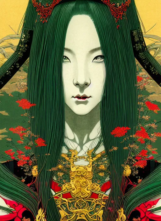 Image similar to a beautiful ukiyo - e portrait of a beautiful cyberpunk elven queen with long red hair, wearing green, red and gold ornate dress, golden intricate crown. detailed symmetrical close up portrait, intricate complexity, concept art, by takato yamamoto, wlop, krenz cushart. cinematic dramatic atmosphere, sharp focus
