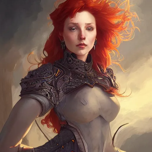 Prompt: portrait of a beautiful redhead female and a Black knight , upper body, D&D, fantasy, intricate, elegant, highly detailed, digital painting, artstation, concept art, smooth, sharp focus, illustration, art by artgerm and greg rutkowski and alphonse mucha