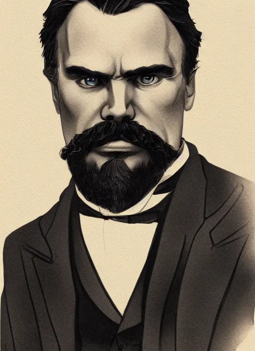 Image similar to Gigachad Friedrich Nietzsche with a chiseled Jawline and serious Look, in his suit, in the Style of Artgerm and Ross Draws and Mike Mignola, beautiful colors, hard shadows, rim light, plain background, trending on artstation