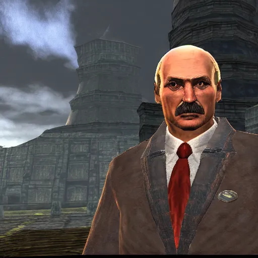 Image similar to Alexander Lukashenko wearing a suit and tie in Balmora in Elder Scrolls III: Morrowind, outdated 2002 Morrowind graphics, low definition, lowpoly