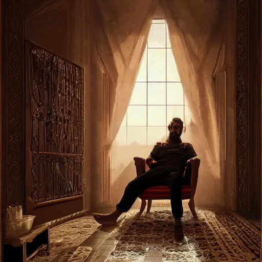 Prompt: Young middle-eastern Almighty God, wearing tracksuit sitting in armchair in poor european apartment. Perfect composition. Very very beautiful digital art in style of Greg Rutkowski, intricate stunning texture and details, fine detailed face. Trending on artstation. Dramatic lighting