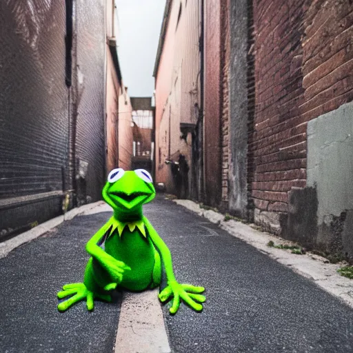 Image similar to DSLR photo of Kermit the frog drunk in a back alley