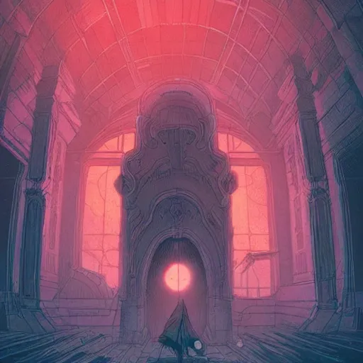 Image similar to a abandoned in temple, dystopian, ethereal lighting, night time, haze, josan gonzales