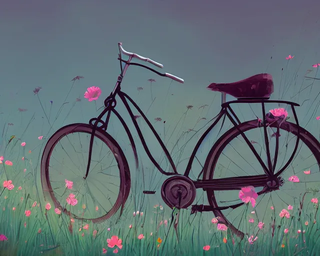 Image similar to old bicycle overgrown with weeds and flowers, sylvain sarrailh, artstation, petros afshar