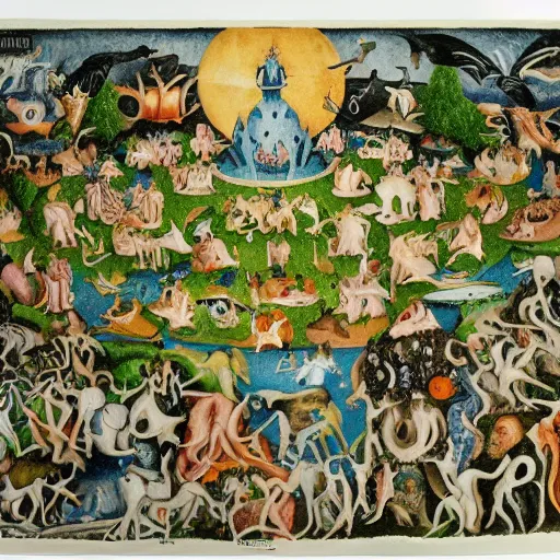 Prompt: a modern take on bosch garden of earthly delights, colored marker and black ink pen,