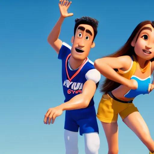 Image similar to young beautiful athletic Filipino woman with long hair standing beside a handsome caucasian athletic thin man with very short buzzed hair, balding, stubble on his face, blue eyes, depicted as adult Pixar characters, high quality cg render