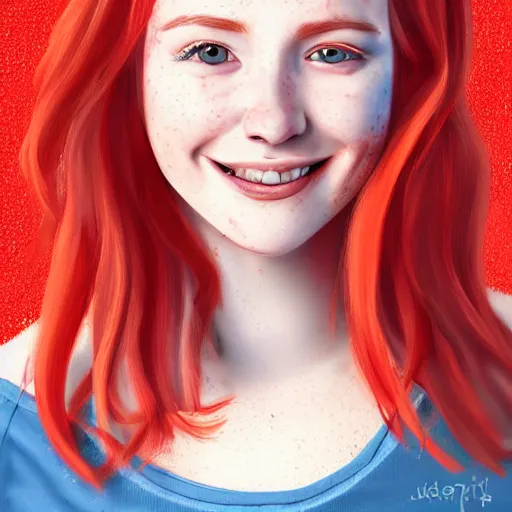 Image similar to a cute red-haired female with freckles, smiling, ultra realistic digital painting