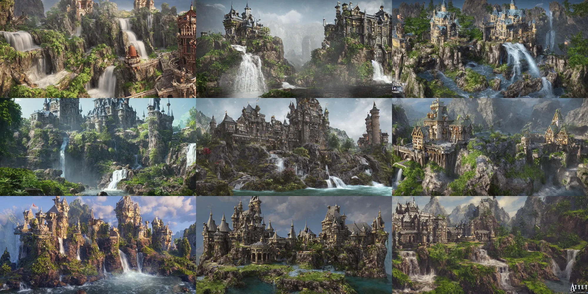 Prompt: highlight detailed cinematic shot of an ornate castle built around a waterfall, unreal engine, trending on artstation, final fantasy