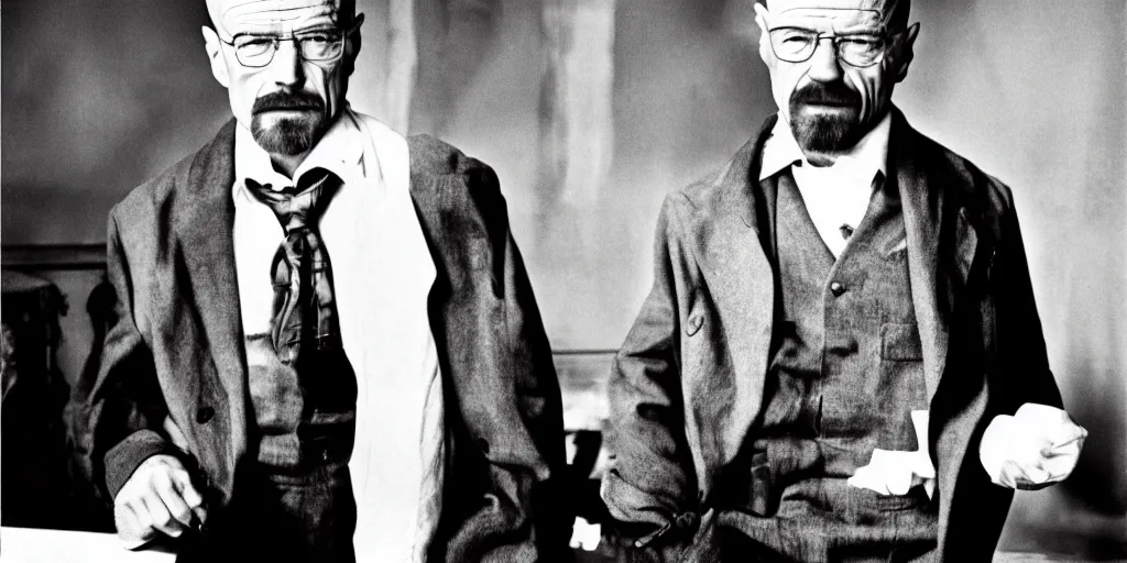 Prompt: walter white wearing clothes in the style of directoire style, photograph, grinning, creepy,