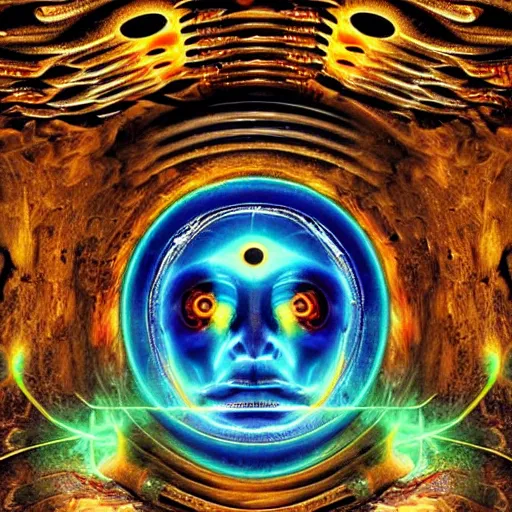 Prompt: full body hyperrealism third eye indigenous biomechanoid shaman in t time machine tunnel temple separating body in two, trespassing thunder energy portal, exploding shamanic visions telephatically to earth