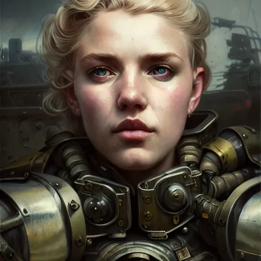 Prompt: portrait painting of a post - apocalyptic blonde soldier wearing dieselpunk power armor, ultra realistic, concept art, intricate details, eerie, highly detailed, photorealistic, octane render, 8 k, unreal engine. art by artgerm and greg rutkowski and charlie bowater and magali villeneuve and alphonse mucha