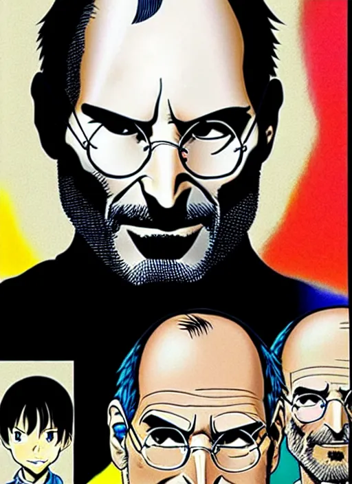 Prompt: steve jobs manga in color, final page, portrait, by katsuhiro otomo and hiroya oku and makoto yukimura