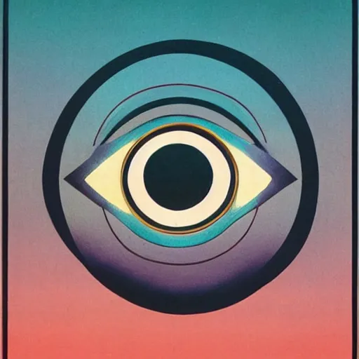 Image similar to logo of eye as the horizon, overlooking a city!!!!, symmetrical, washed out color, centered, art deco, 1 9 5 0's futuristic, glowing highlights, peaceful