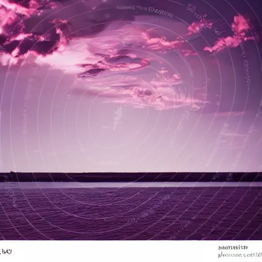 Prompt: dreamland surreal infinite rose colored sky with feathery blush colored clouds over a body of calm flat reflective pink water looking out to the horizon