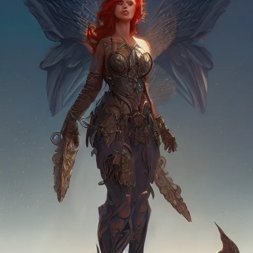 Prompt: ascending dark full body redhead goddess angel, intricate armor, highly detailed, digital painting, artstation, concept art, smooth, sharp focus, illustration, Unreal Engine 5, 8K, art by artgerm and greg rutkowski and alphonse mucha