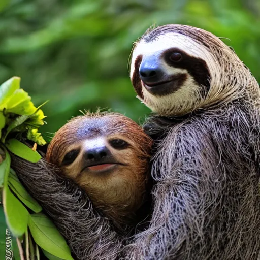 Image similar to a sloth hugging his turtle friend