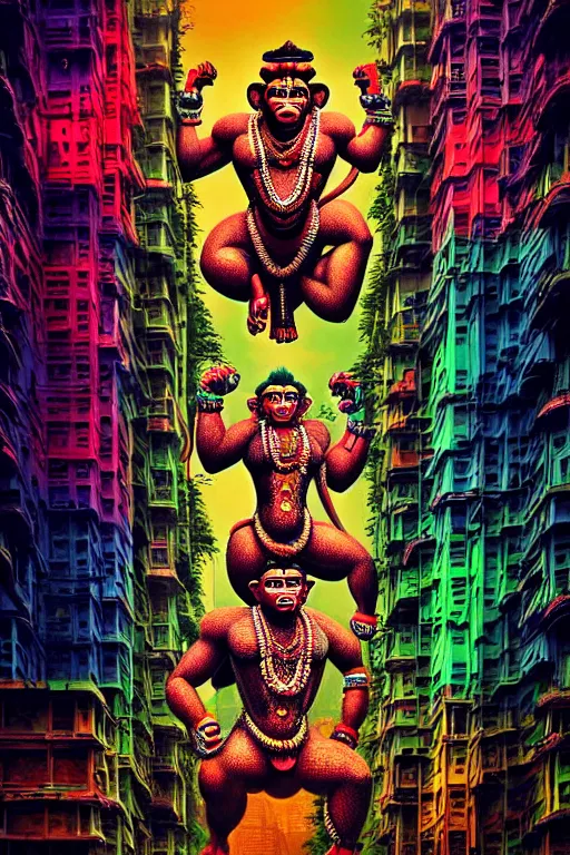 Prompt: high quality photo neo - rococo cyberpunk hanuman! head building, neon madhubani, highly detailed, in sci - fi mumbai, cinematic smooth, lee madgwick & liam wong, moody light, low angle, uhd 8 k, sharp focus